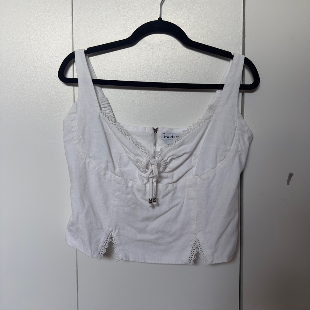 Bebe Ruched Lace-Trim Corset Top | White Zip-Front Y2K Camisole